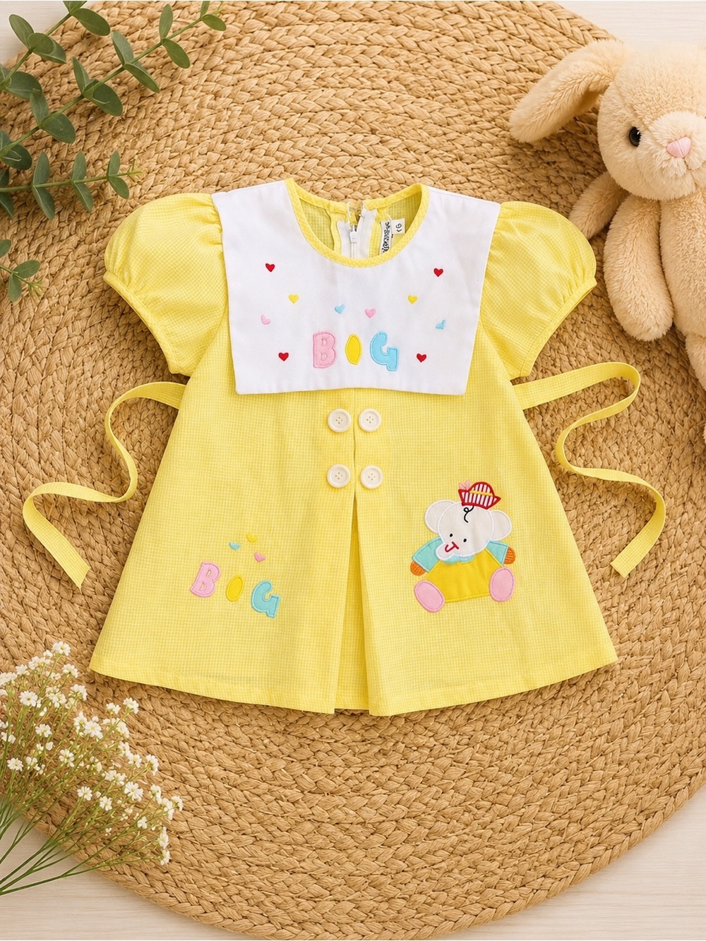 New VTG 80/90s Baby Girl Yellow Checkered Dress Elephant Colorful Embroidered 2T